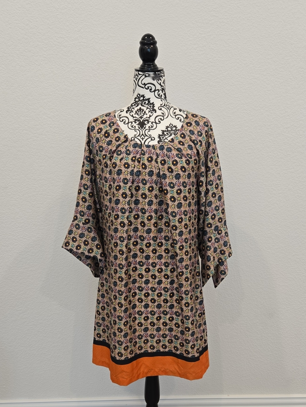 Uncle Frank Beige Floral Dress with Orange Hem